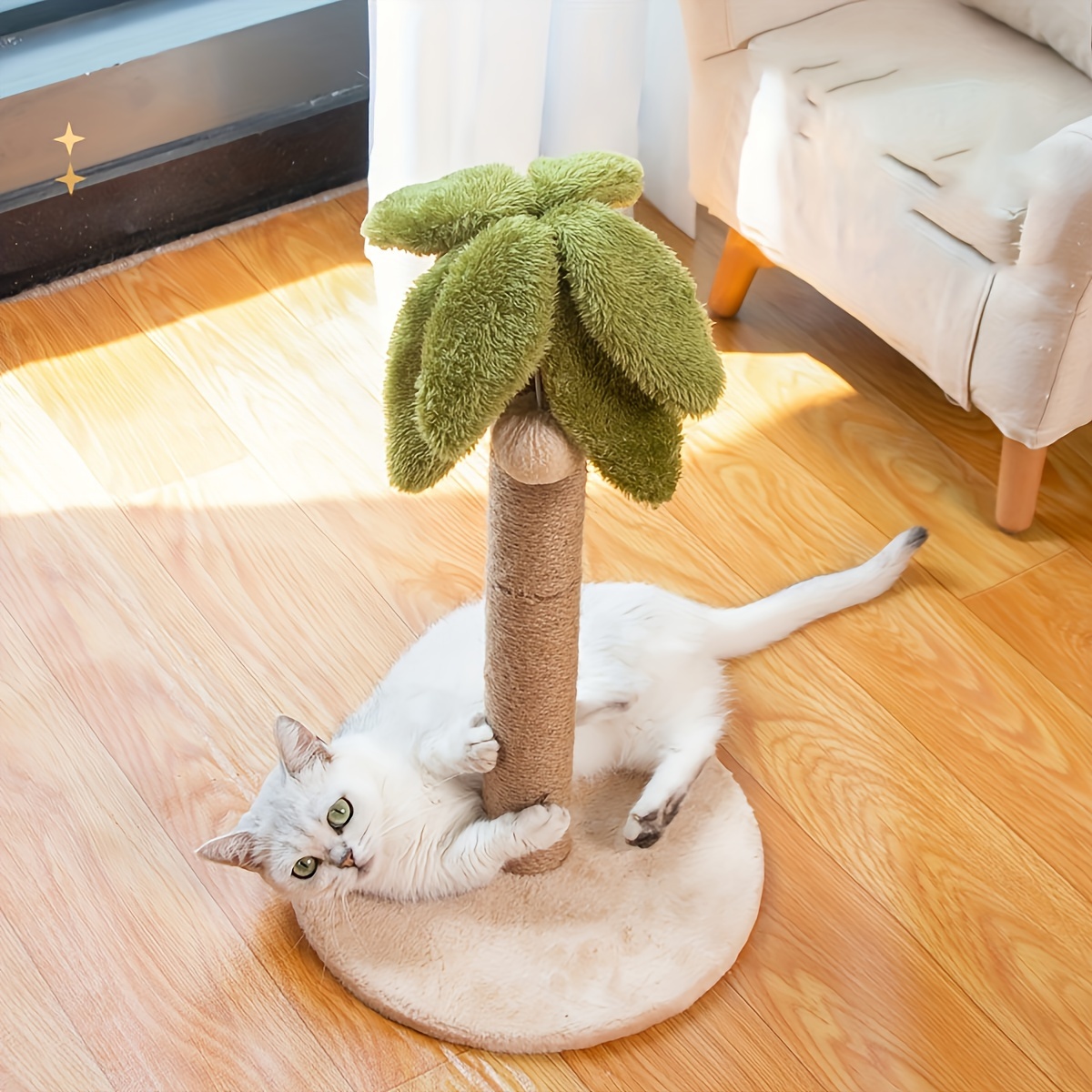 

Large Cat Scratching Post With 20.47" High Rattan Rope And Furry Palm Top - Perfect For Indoor Cats