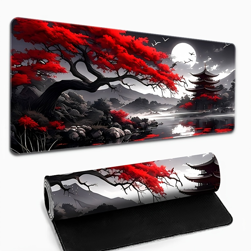 1pc Large Red Fire Style Mouse Pad - Non-Slip, Washable, Vibrant Red & Design with Japanese-Inspired Landscape, Perfect for Halloween & Christmas Gifts