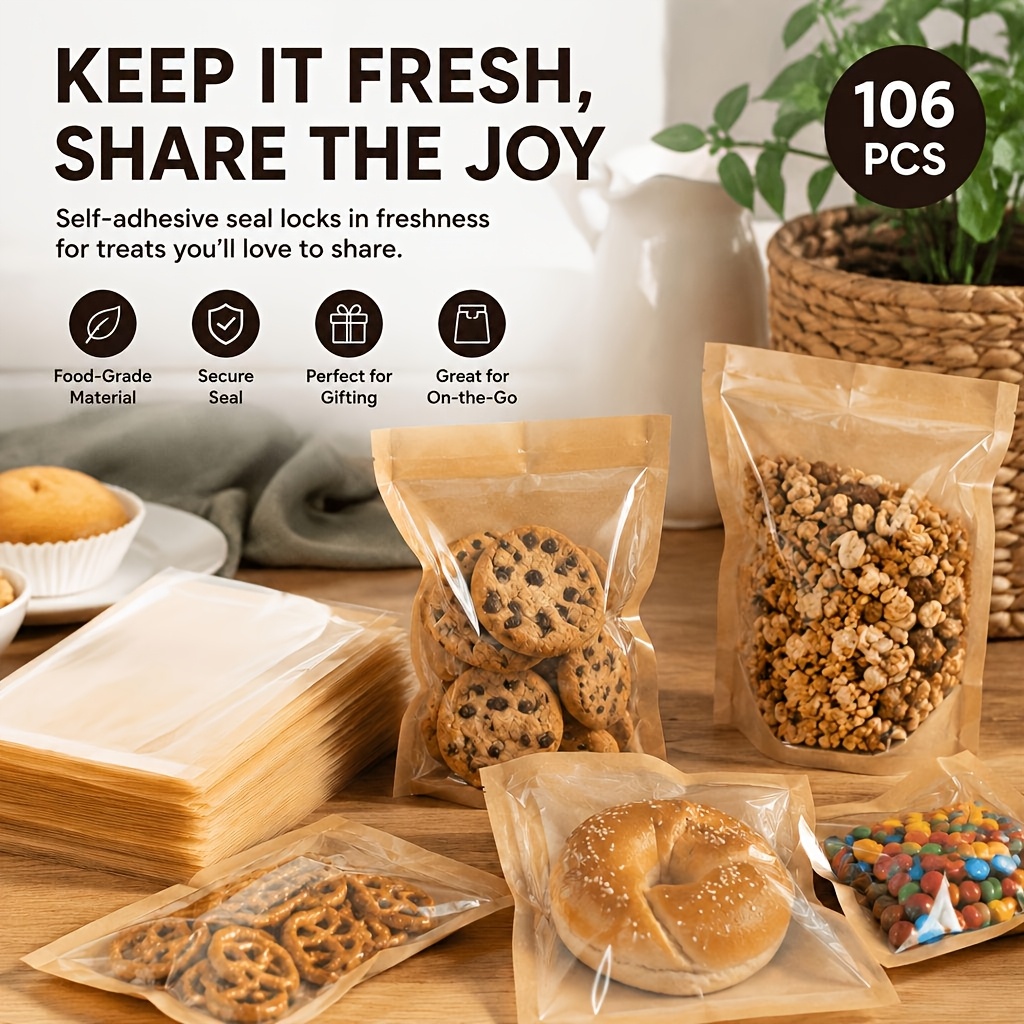 TEMU 106-pack Seal Baking Bags With Viewing Window, Food--resistant Paper Bags, Suitable For Christmas, Birthdays, And Commercial Baking, For ,