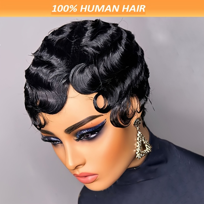 

Chic Pixie Cut Wig With Deep Waves - 150% Density, Remy Brazilian Human Hair, Full Machine Made With Rose Net Cap, Versatile For All Women, 1b Color