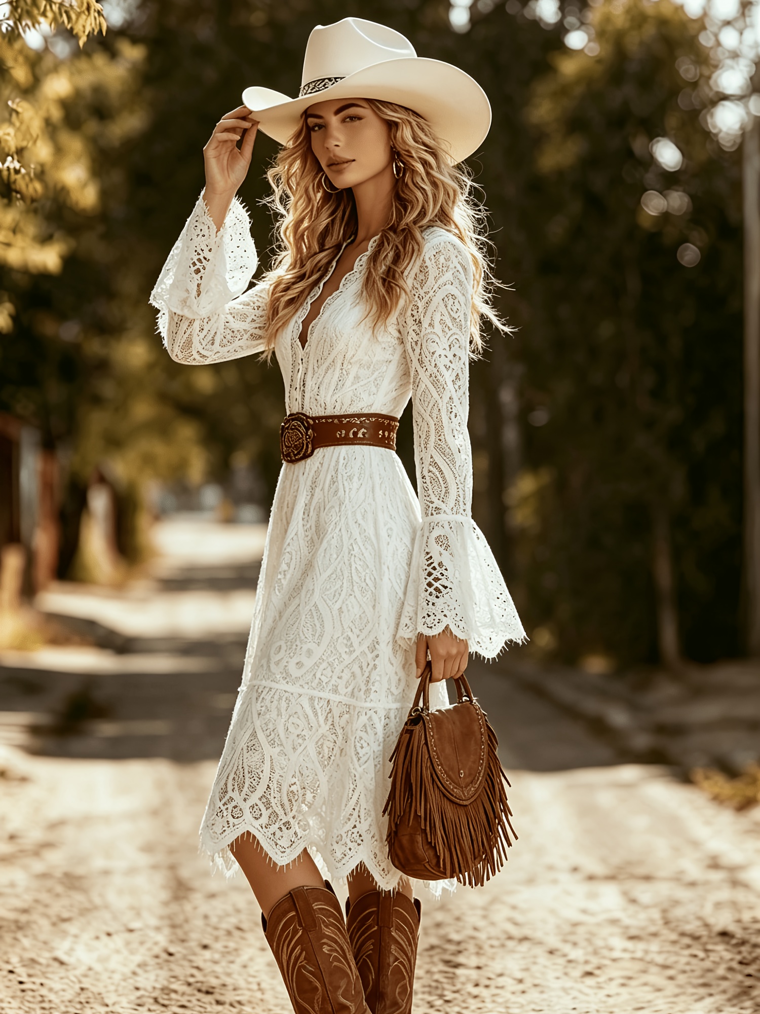 white lace dress with brown belt womens trimmed western style not included Hermes scarf