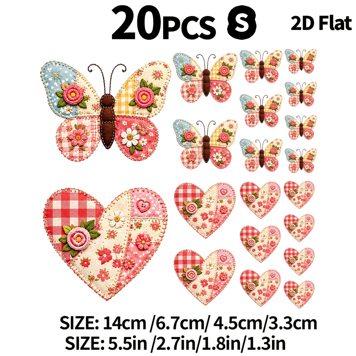 TEMU Set de 20 piezas 2D con diseño floral de mariposas y corazones, colores macaron, DTF de curación pastoral, adhesivos de decoración multi-tamaños