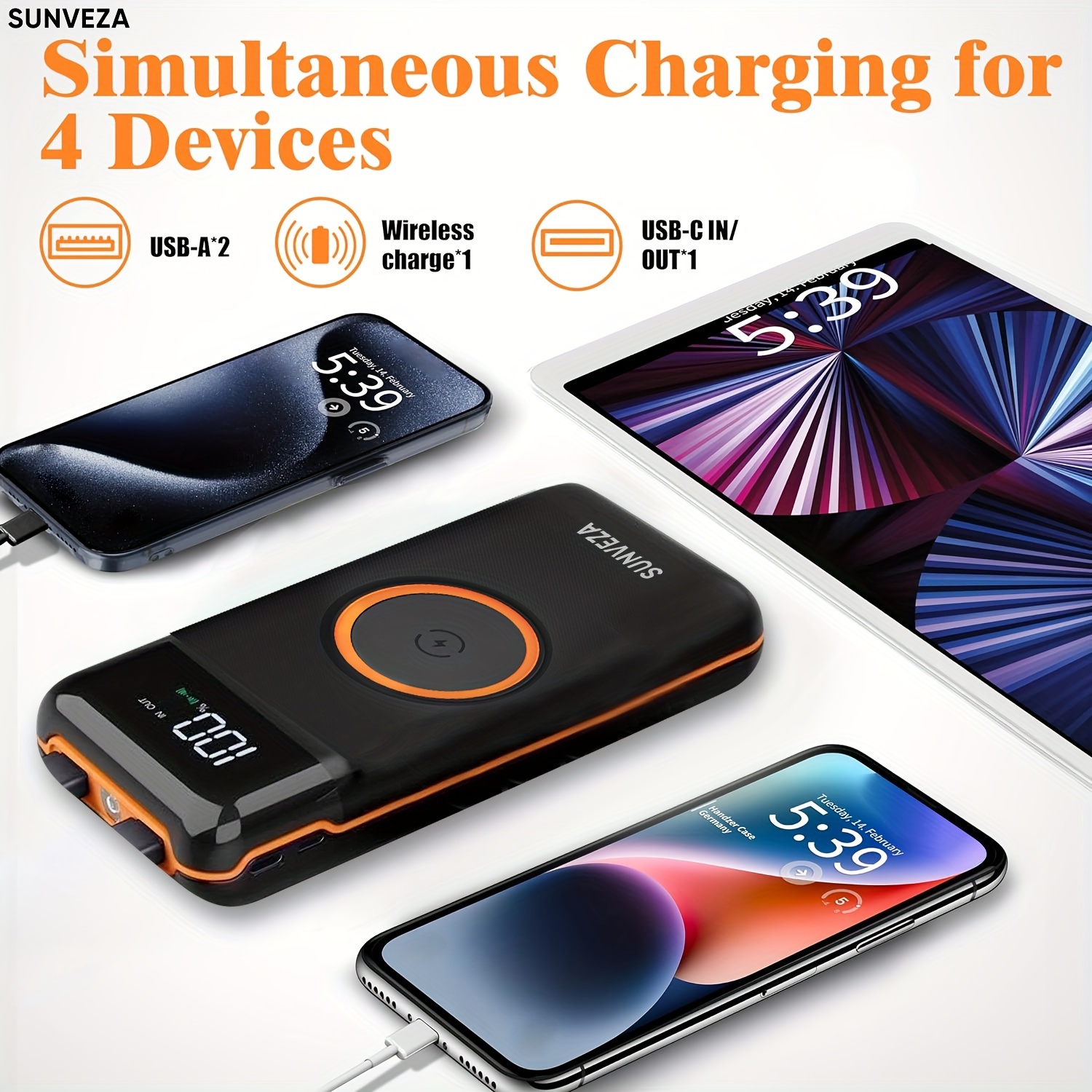 

Sunveza Portable Power Bank Charger - 40000mah With Flashlight, 5v3.1a Fast Charger & Built-in Cables. 10w Wireless Charger For Smart Devices & Phones. (orange)-yd887
