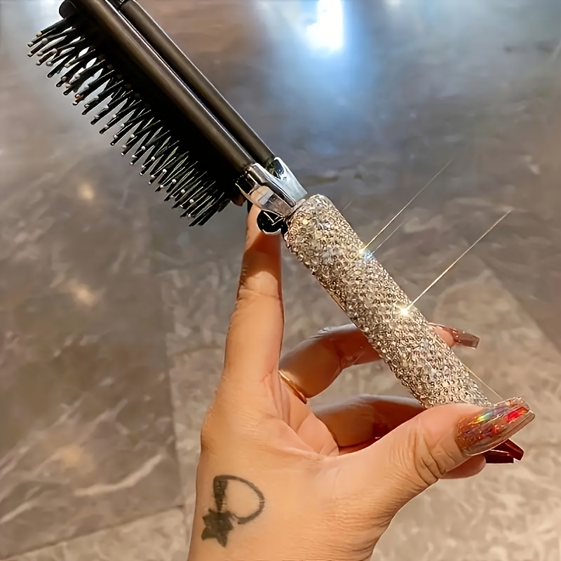 

Luxury Folding Hair Comb With Mirror, Rhinestone Embellished, Portable Travel Hairbrush For Normal Hair Type