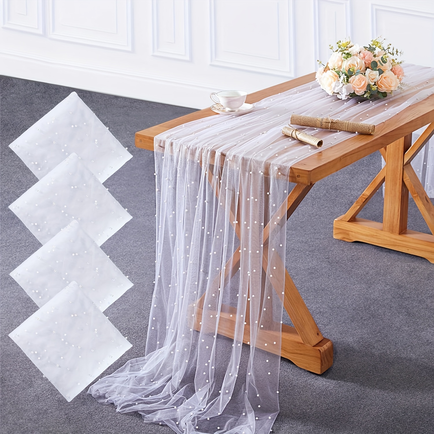 

4pcs Pearl Tulle Tablecloth White Tablecloth, Tulle Table Runner, Wedding Decoration, Extra Long Table Runner For Wedding, Arch Reception Bride Gift, Christmas Table Decoration