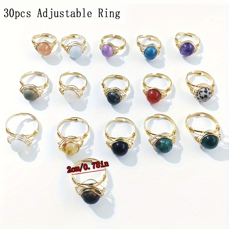 

30pcs Natural Stones Rings Open Adjustable Rings Moss Agate Crystal Ring Handmade Wire Wrap Beaded Braided Ring For Women Jewelry Gifts