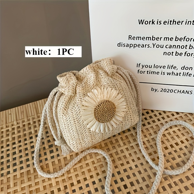 Floral Pattern Woven Bag, Straw Bucket Bag, Drawstring Design Crossbody Shoulder Bag, In 2 Colors—khaki And White