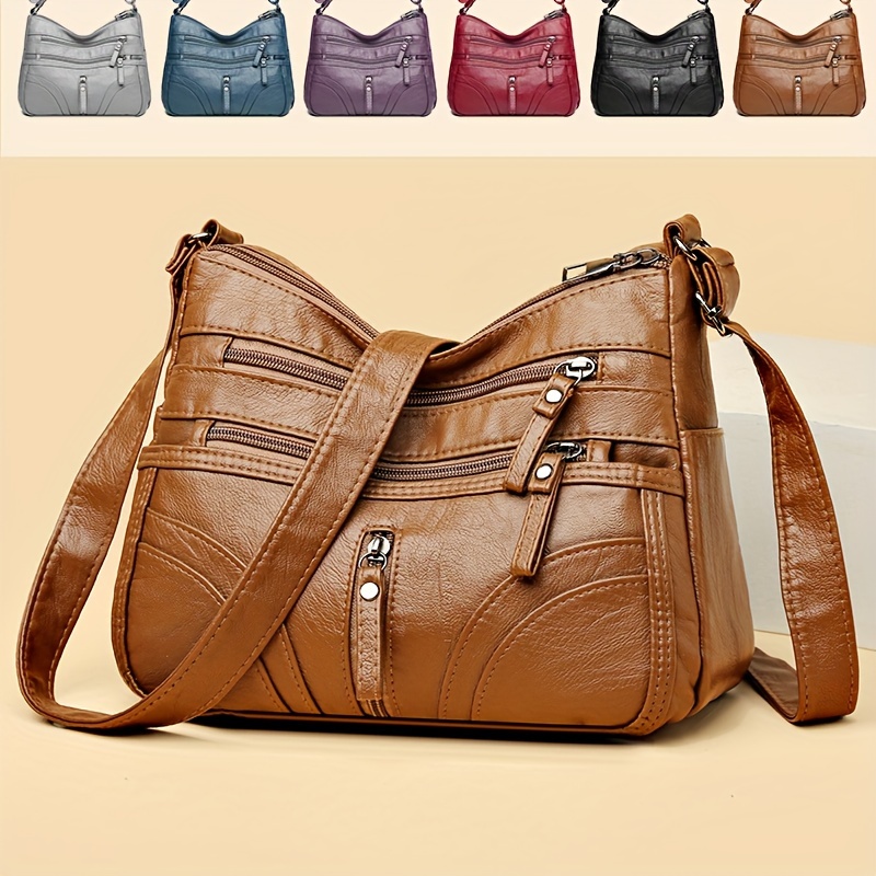 

Women's Soft Faux Leather Shoulder Crossbody Bag, Casual Style Shoulder Bag, Multi Pockets Purse With Adjustable Strap, Zipper Closure