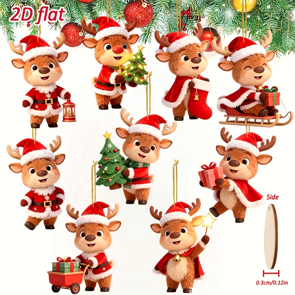 TEMU [2d Flat] 9pcs Christmas Decor Deer Wooden Hanging Ornaments, Christmas Holiday Ornament Set, Personalized 2d Flat Wooden Hangings, Christmas