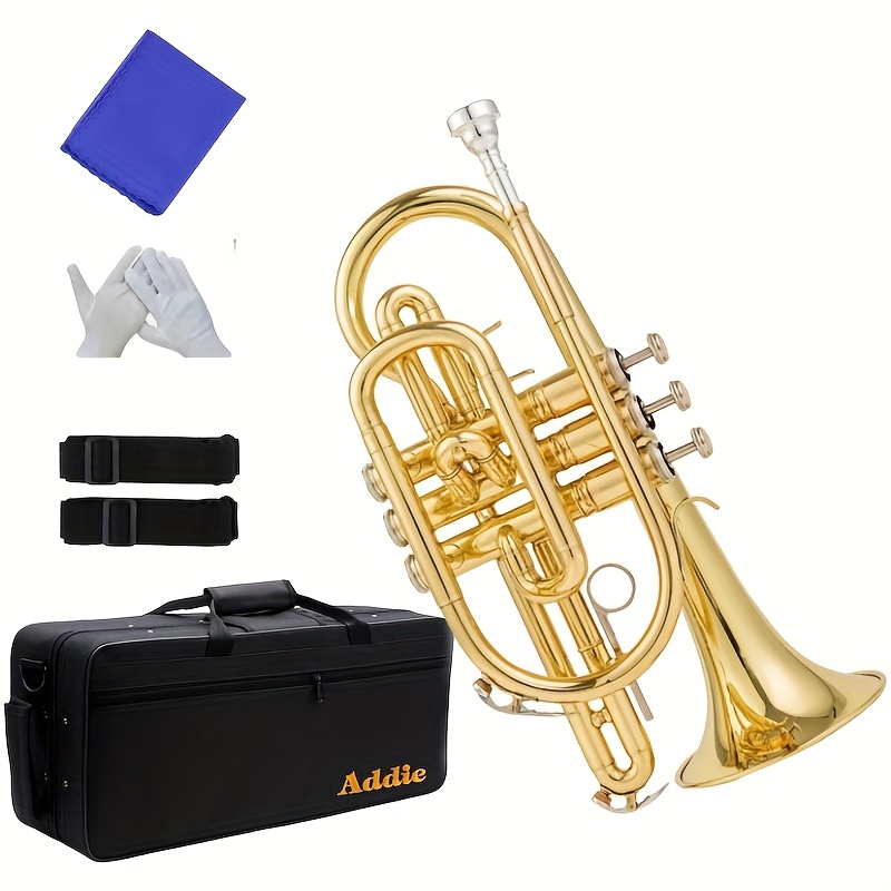 brand new   lacquered golden bb trumpet a compact and portable instrument ideal for beginners and band performances featuring a brass short trumpet