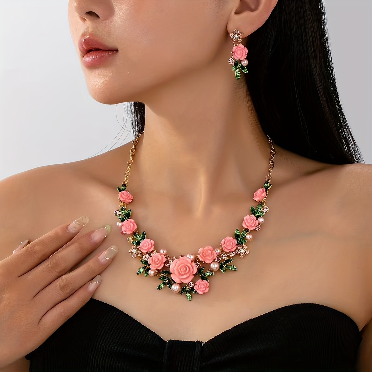 TEMU 2pcs Sweet -encrusted Camellia Flower And Leaf Collarbone Necklace Set, Elegant, Niche, And High-end, Suitable For Weddings And Banquets