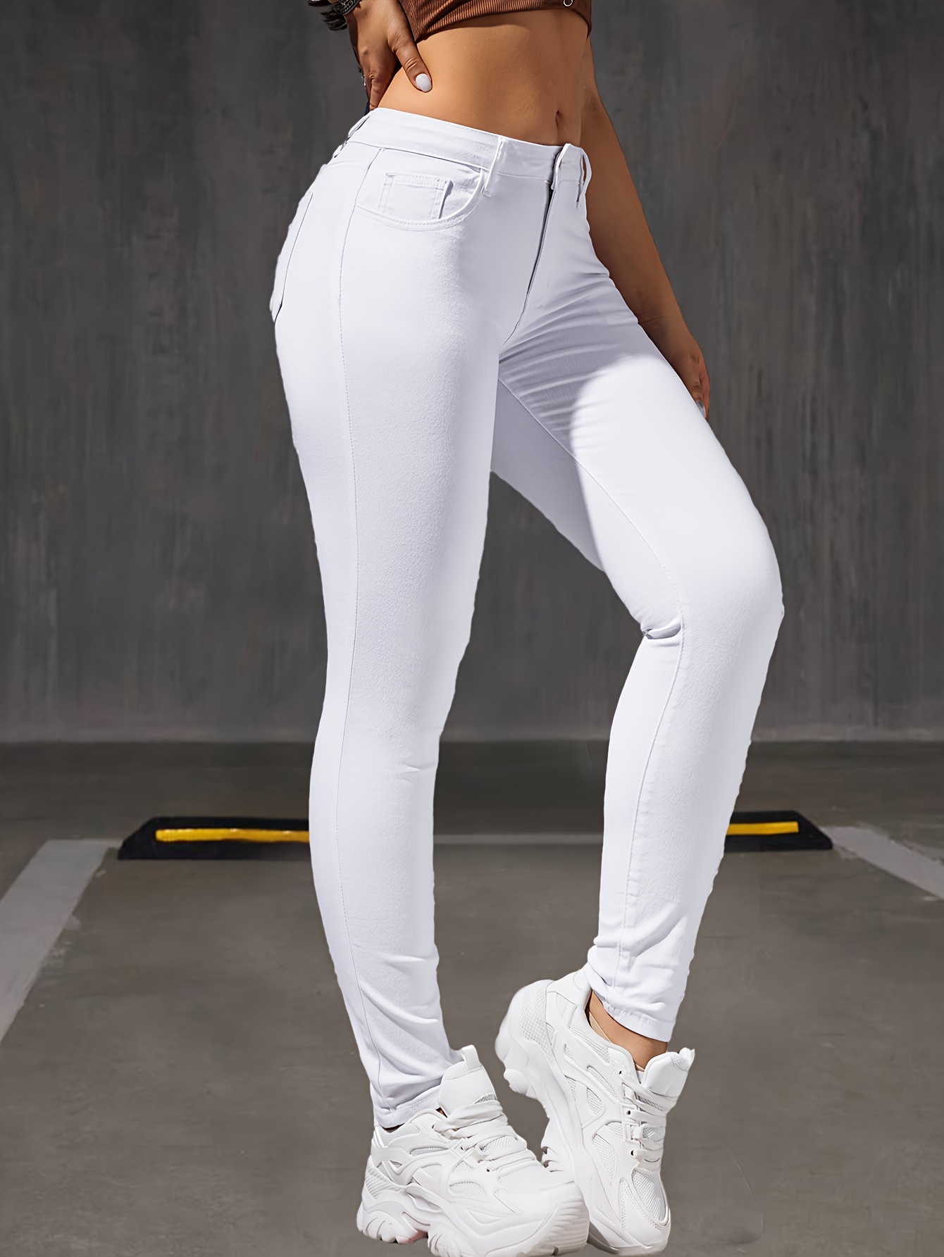 White High Stretch Skinny Jeans, Slim Fit Slant Pockets Casual Denim Pants,  Women's Denim Jeans & Clothing