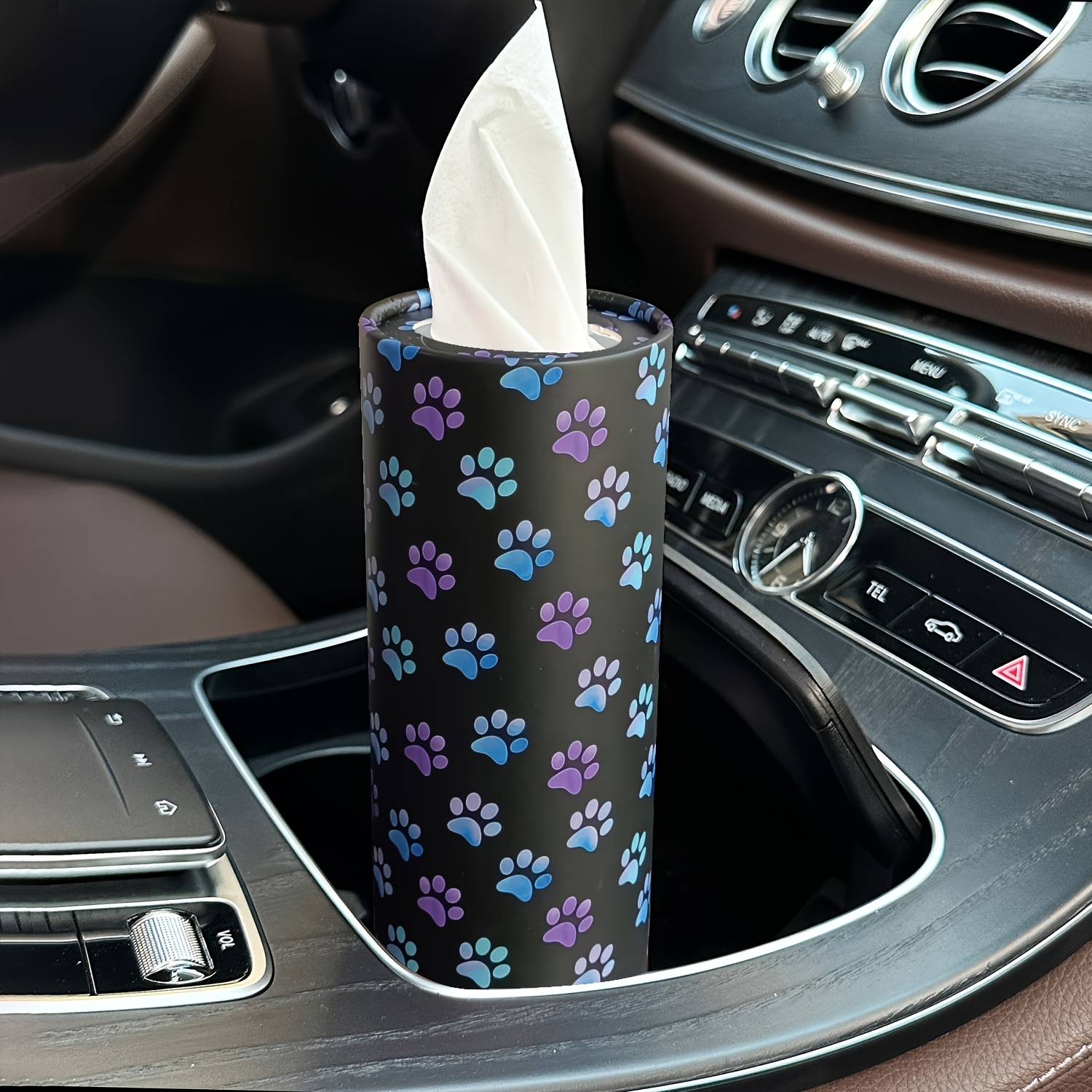 Image of 1pc Blue Purple Paw Car Tissues Box With Facial Tissues - Travel Tissue Cylinder Tubes For Car Cup Holder, Womens & Mens Round Tissue Case For Home Dining Table