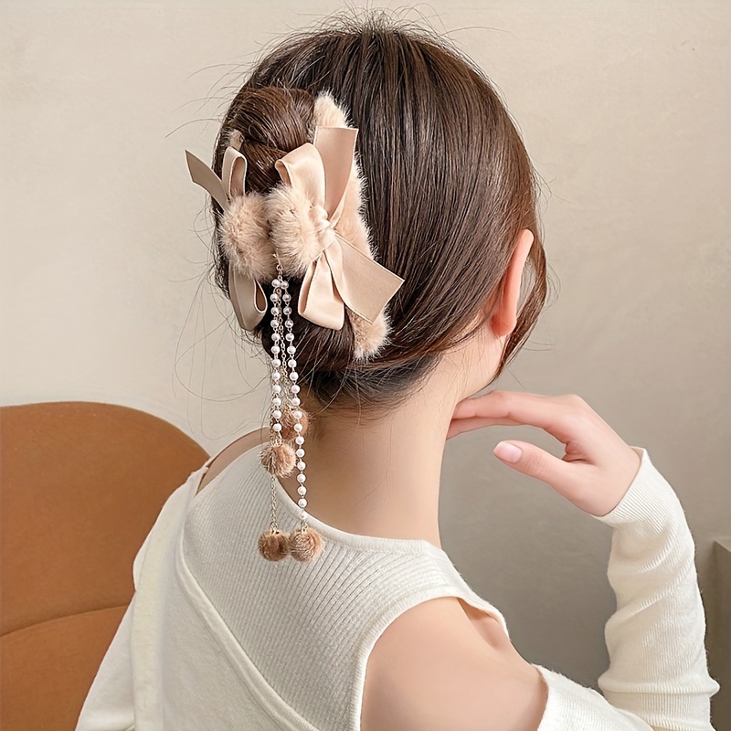 

Elegant Plush Bow Hair Claw With Tassel, Large Size Women's Autumn Winter Fashionable Shark Clip, Cute & Sophisticated Style