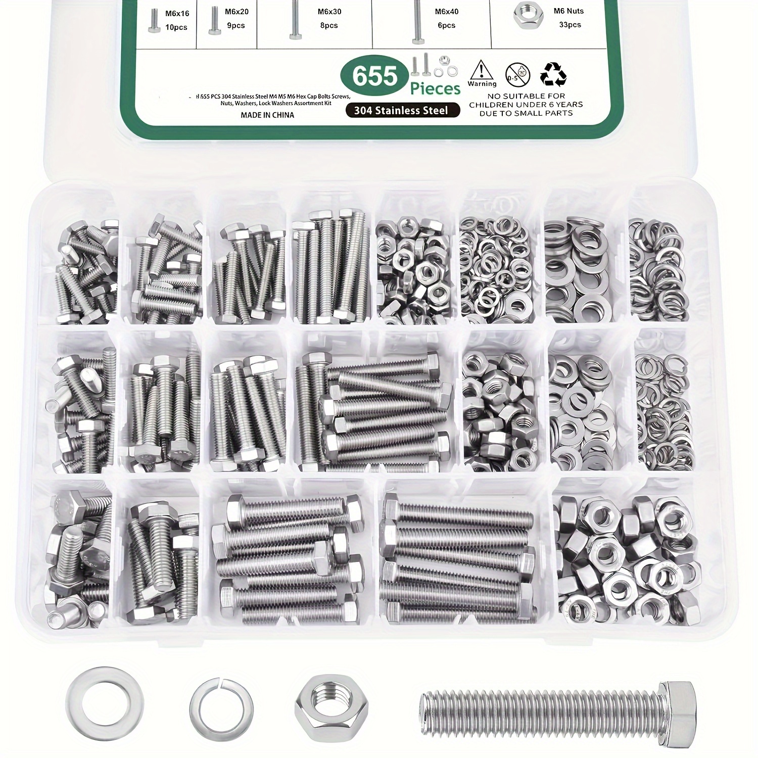 Image of Heavy-duty Bolts, 655pcs Heavy-duty Nut Assortment Kit, M4 M5 M6 Metric Nut Kit Stainless Steel, Including 12 Common Sizes