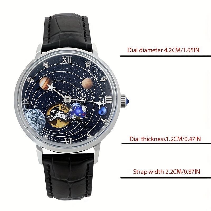 Bluo Men's Funky Automatic Mechanical Watch | Stainless Steel Round Dial, Calf Leather Strap, Planet & Galaxy Design, Self-winding Movement, No Battery Required