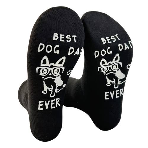 1 pair of best dog dad fun dispensing socks showcasing the of a dad features a paw print with a dog wearing glasses and the slogan best dog dad ever making it the for pet lovers
