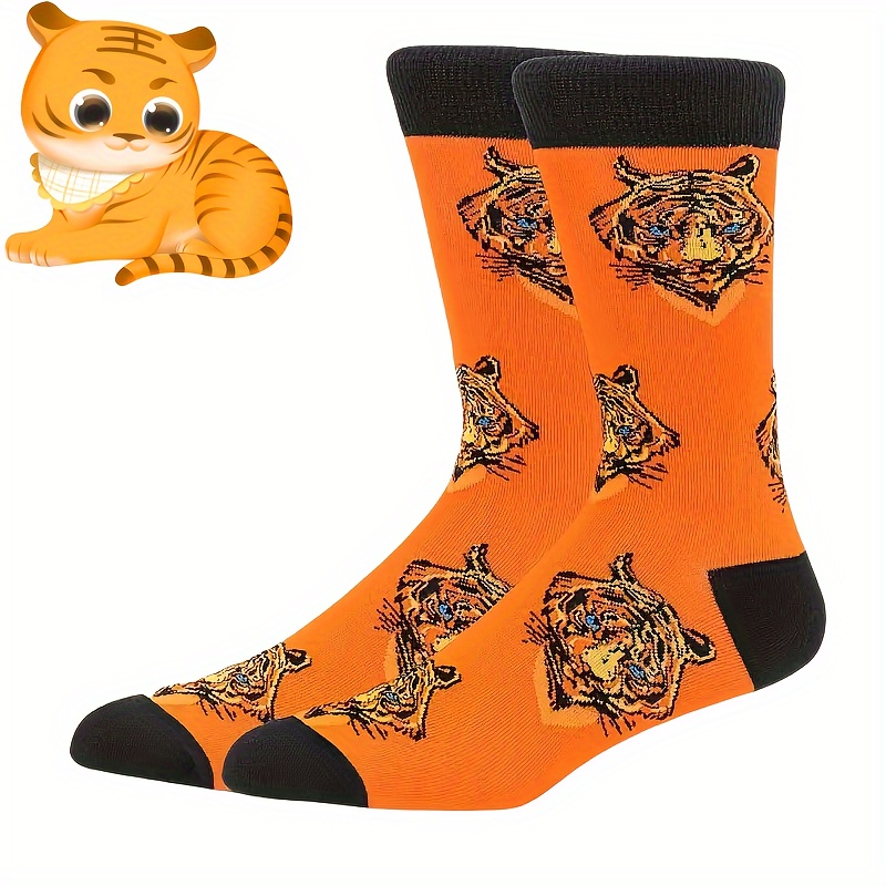 

Men's Cozy Cartoon Tiger Crew Socks - Warm, Comfortable Mid-calf For Fall & Winter