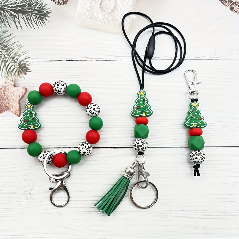 

1pc Christmas Tree Silicone Bead Keychain, Lobster Clasp, Women' Jewelry Accessory, Decorative , Chain, Holiday Gift, With Tassel And Beaded Design