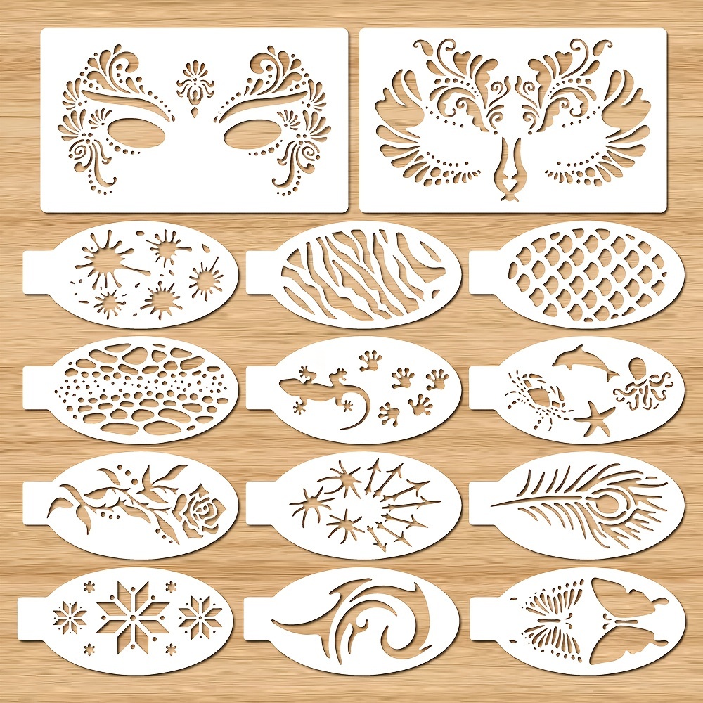 Stencil per il trucco del viso, kit da 38 pezzi, stencil riutilizzabili per tatuaggi facciali e trucco del corpo: fiori, stelle e forme varie