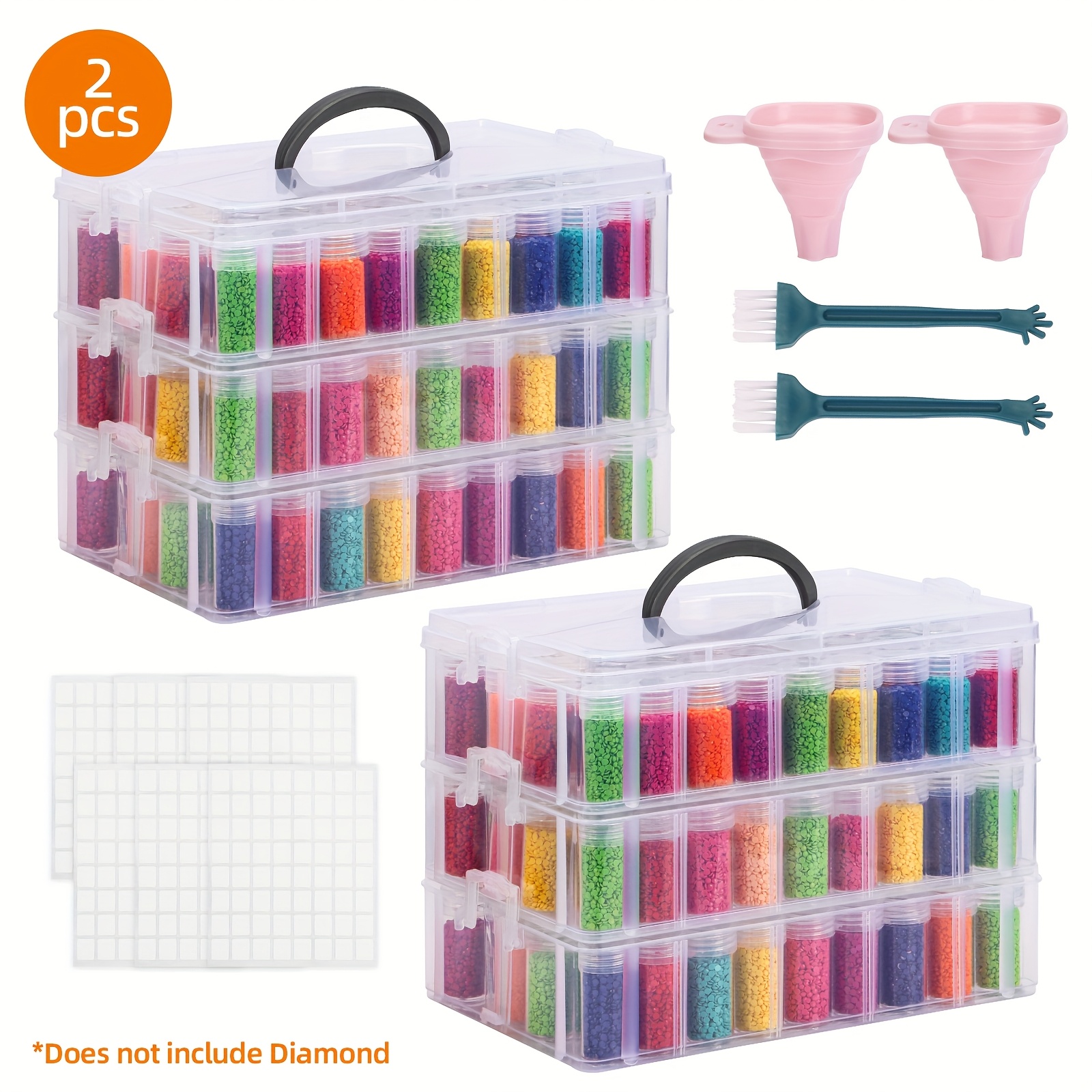 TEMU Tomnk 2pcs 3-tier Diamond Painting Storage Container, 300 (150 X 2) Slots Portable Bead Organizer Box, Stackable Crafts Organizers For Craft