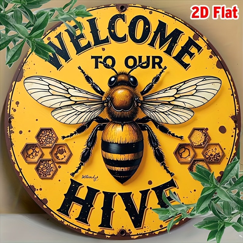2d Flat, A Vintage "welcome To Our Hive" Metal Wall Decor - 7.8-inch Round Aluminum Sign Featuring A Bee And Honeycomb Design, With A Rustic