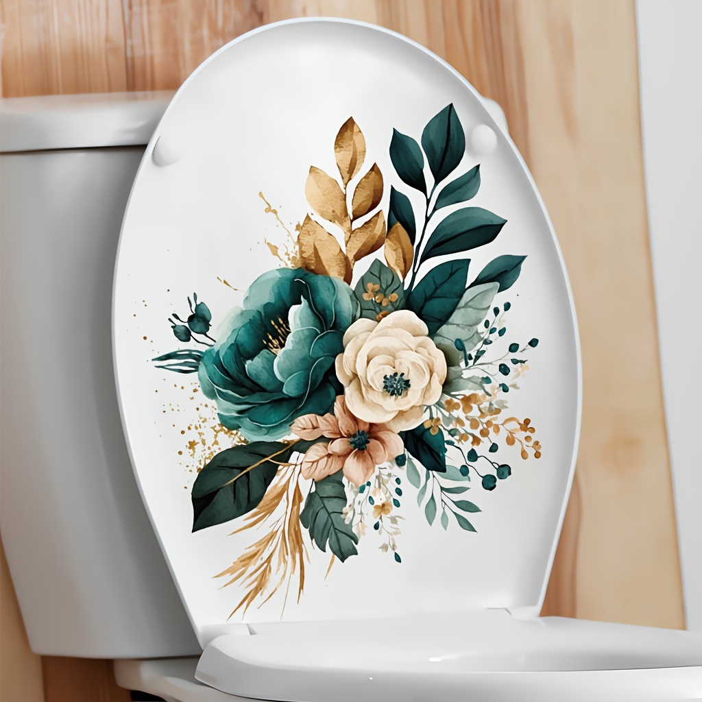 

Blue-green And Golden Watercolor Toilet Wall Sticker - 11.8" X 11.8" - Bathroom Decorative Sticker - Pvc Material - Self-adhesive - One-time Use - Irregular Shape