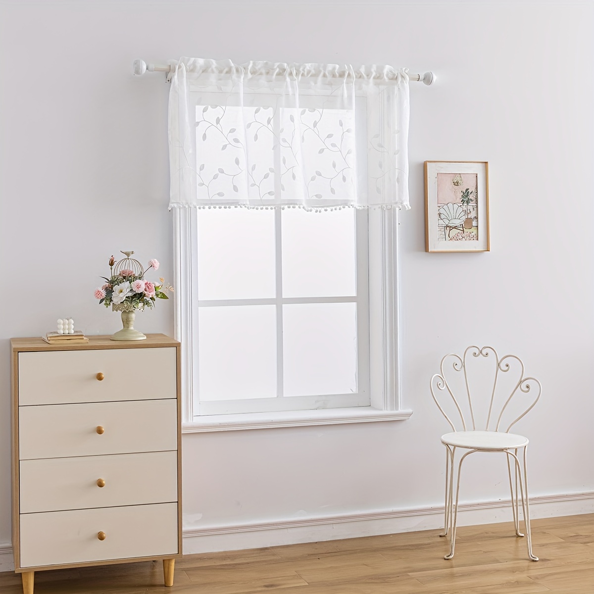 Image of 1pc Embroidered Leaves White Sheer Curtain With Rod For Easy Hanging, Perfect For Canteen And Living Room And Bedroom Decor Curtains For Living Room Curtains For Bedroom, Festival Decoration, No Rod