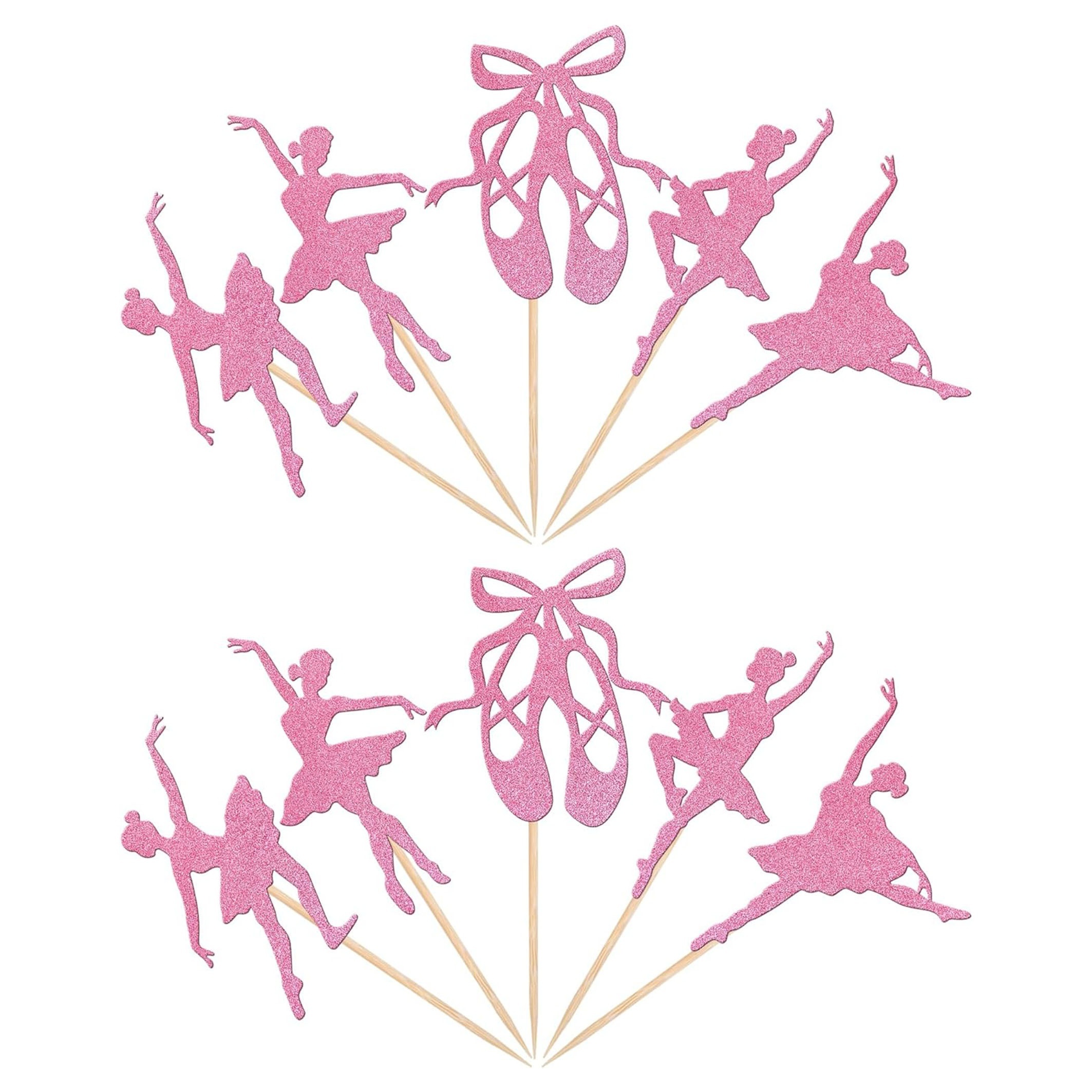 10pcs Ballerina Cupcake Toppers Glitter Ballet Slipper Girl Dancer Cupcake Picks For Baby Shower Theme Dancing Girls Birthday Party Cake Decorations Supplies Pink