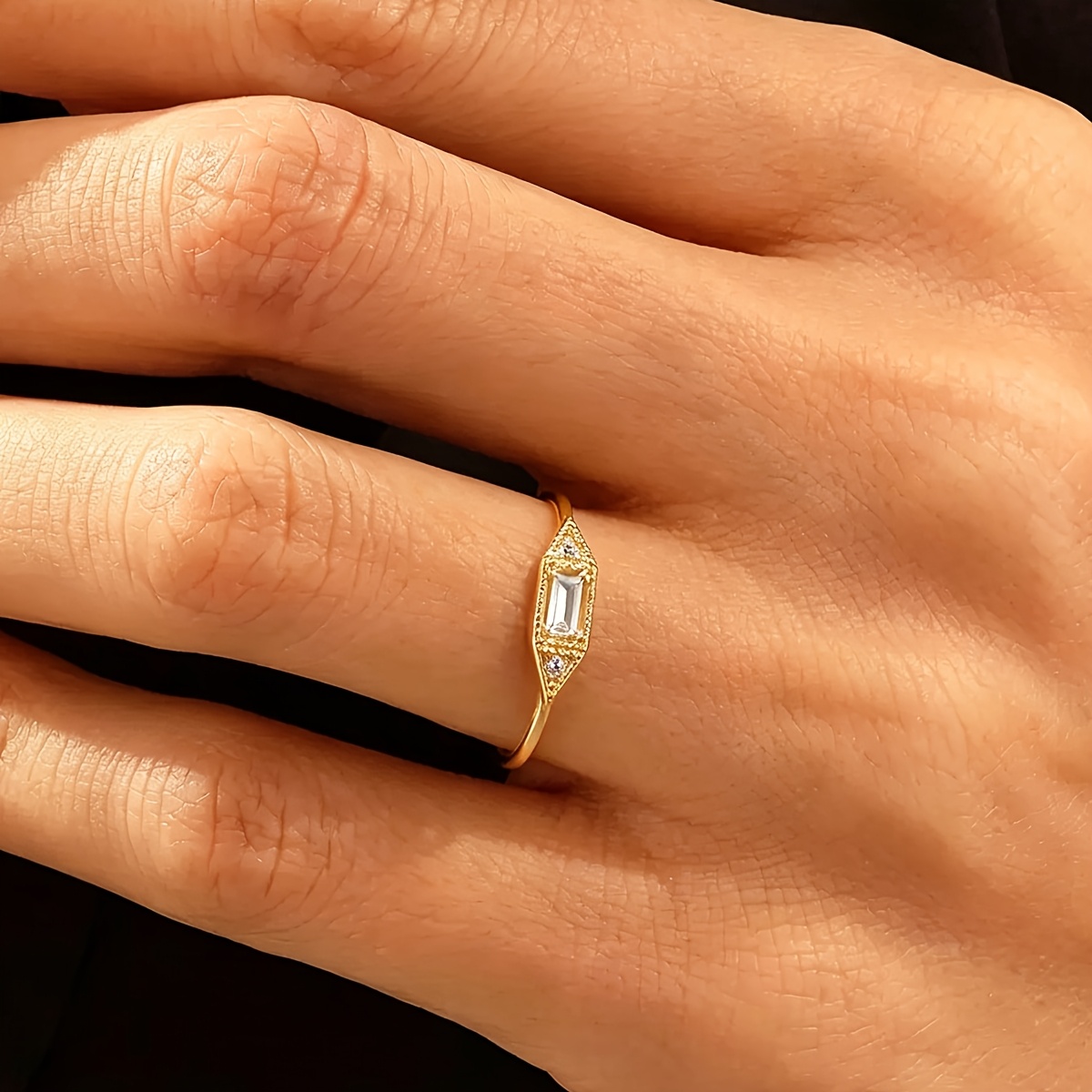 Geometric Rectangular Design Ring Set with Cubic Zirconia, Women's Accessory