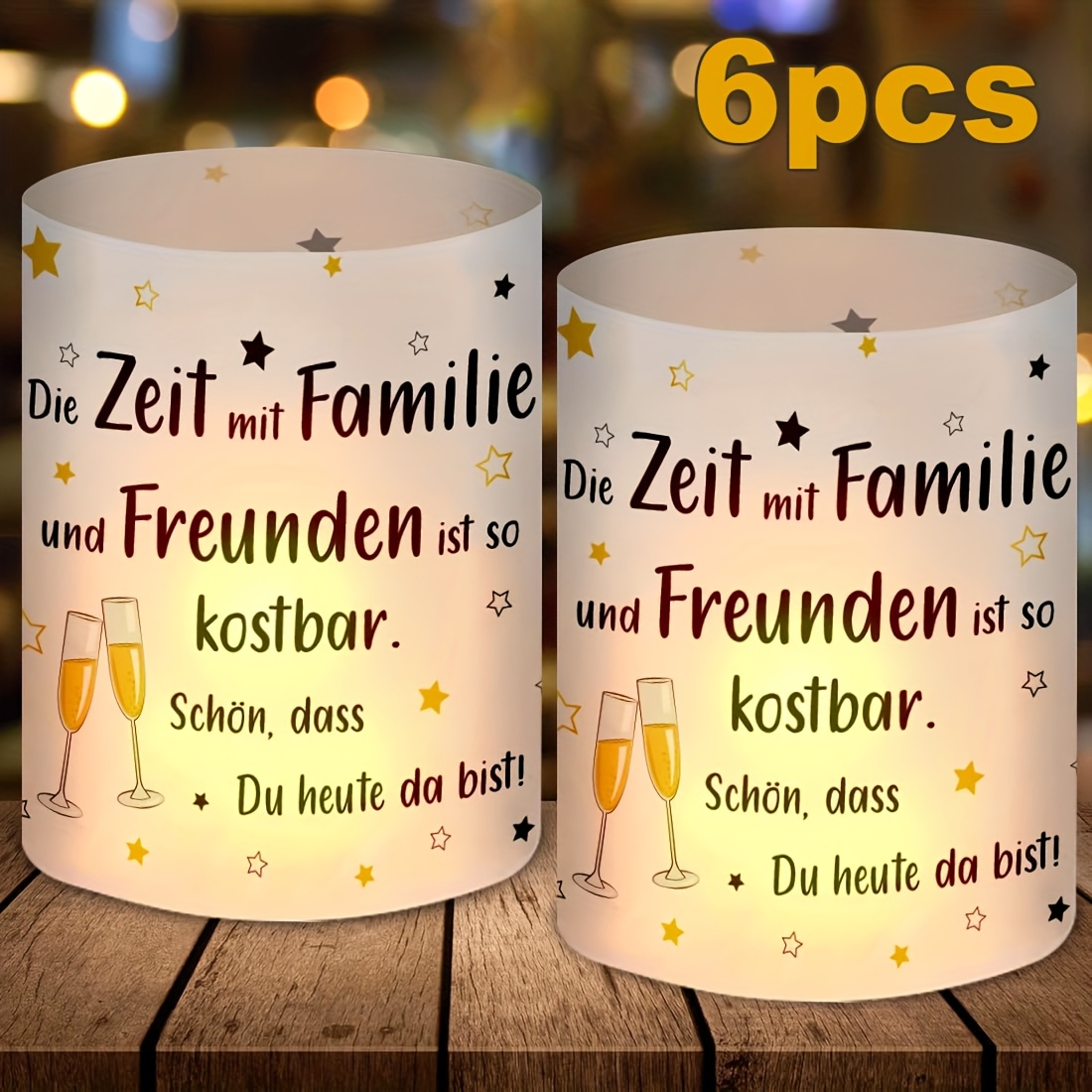 Image of Set Of 6, Festive Candlestick Table Decorations, Warm German Slogans "time With Is " And "glad You Could Come Today", Universal For Birthdays/holidays/celebrations