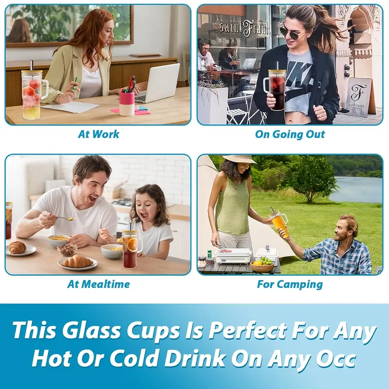 2 4pcs thickened large capacity glass cup with lid straw handle wide mouth drinking cup fitness sports cup coffee cup glass housewarming gift cup with lid and straw reusable glassware modern drinkware set sleek glass cup premium drinkware sturdy construction multipurpose cup handle cup gift home baristas Product details 4
