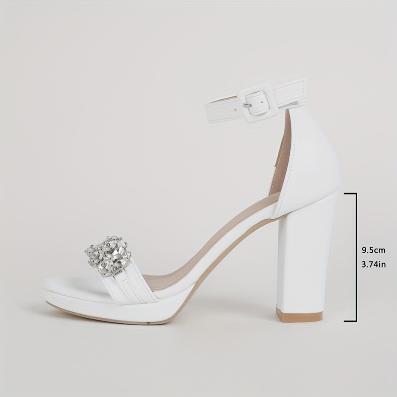 Women'S White Rhinestone-Embellished Chunky Heel Sandals with Adjustable Ankle Strap - Comfortable Buckle Closure, Round Toe, Synthetic Cover, Perfect for Weddings & Parties, High Heel Sandals, Party Footwear, Rhinestone Embellishments