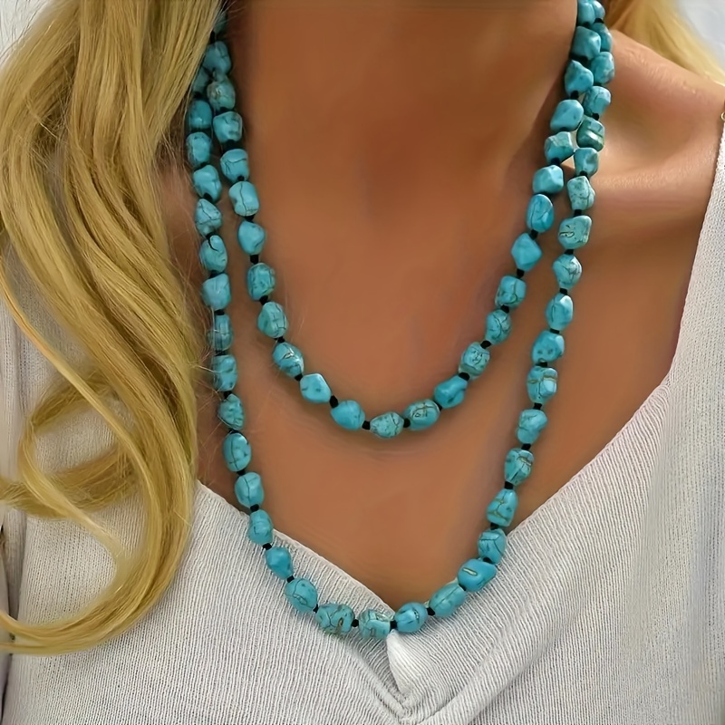 Turquoise Double Layer Statement Necklace, Bohemian Style
