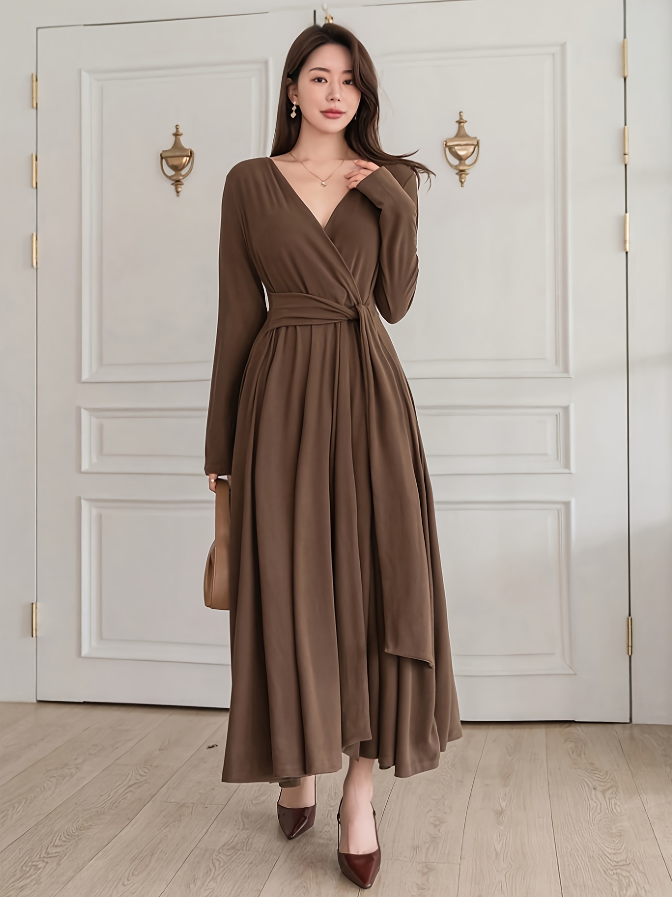 navy blue dress with brown sandals Tierra Brown Lace Long Sleeve Maxi Dress main image 1