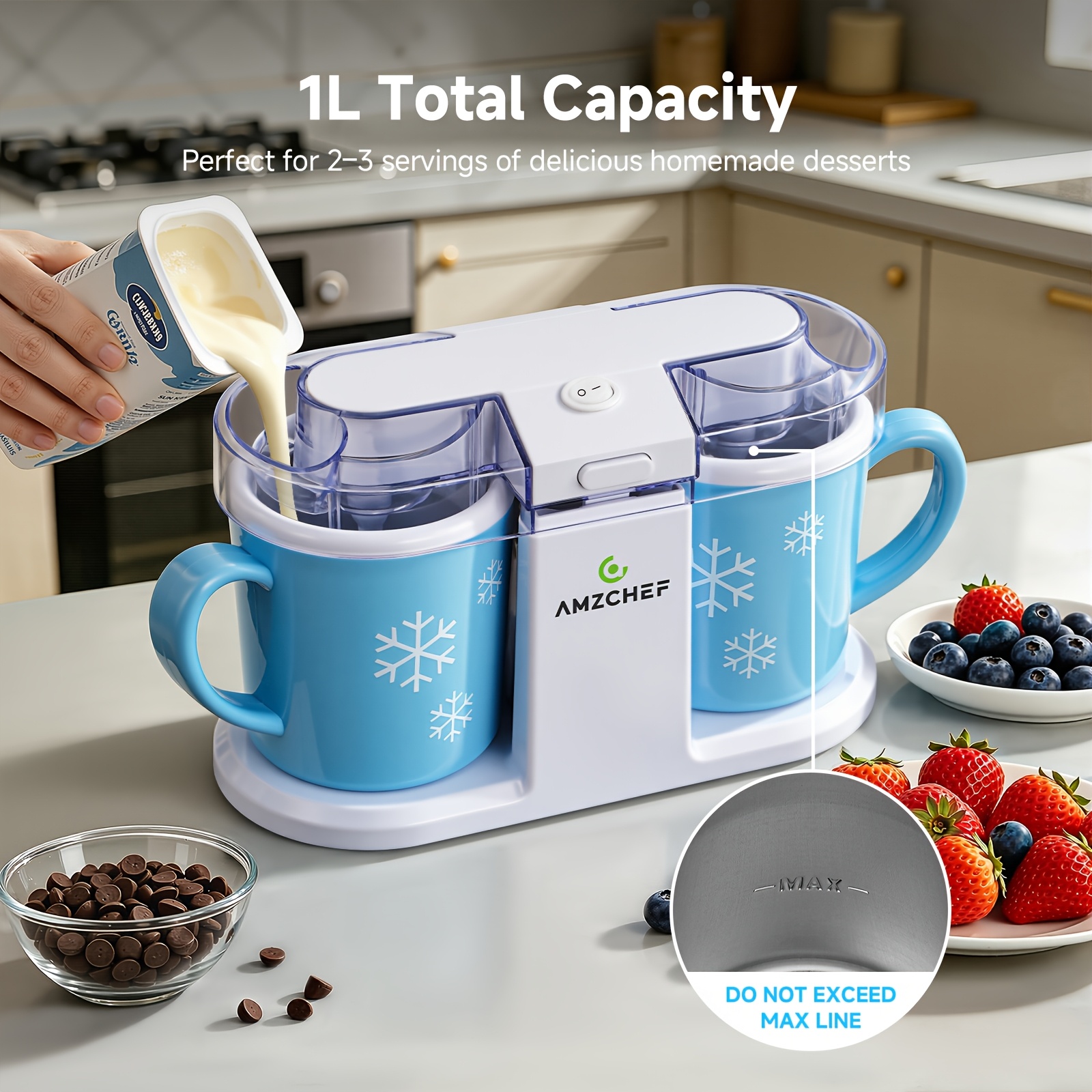 1l Ice Cream Maker With 2 Freezer Bowls, 2 X 500ml Ice Cream Makers For 2 Flavors Simultaneously, Ice Cream, & 15-