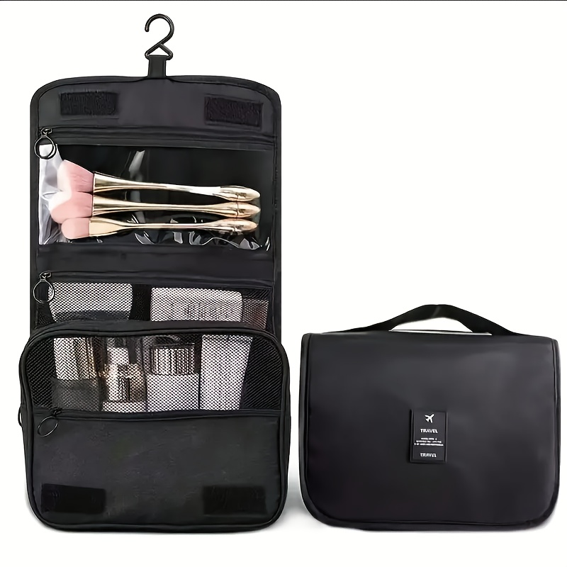 Gray hanging toiletry bag with hook and multiple compartments