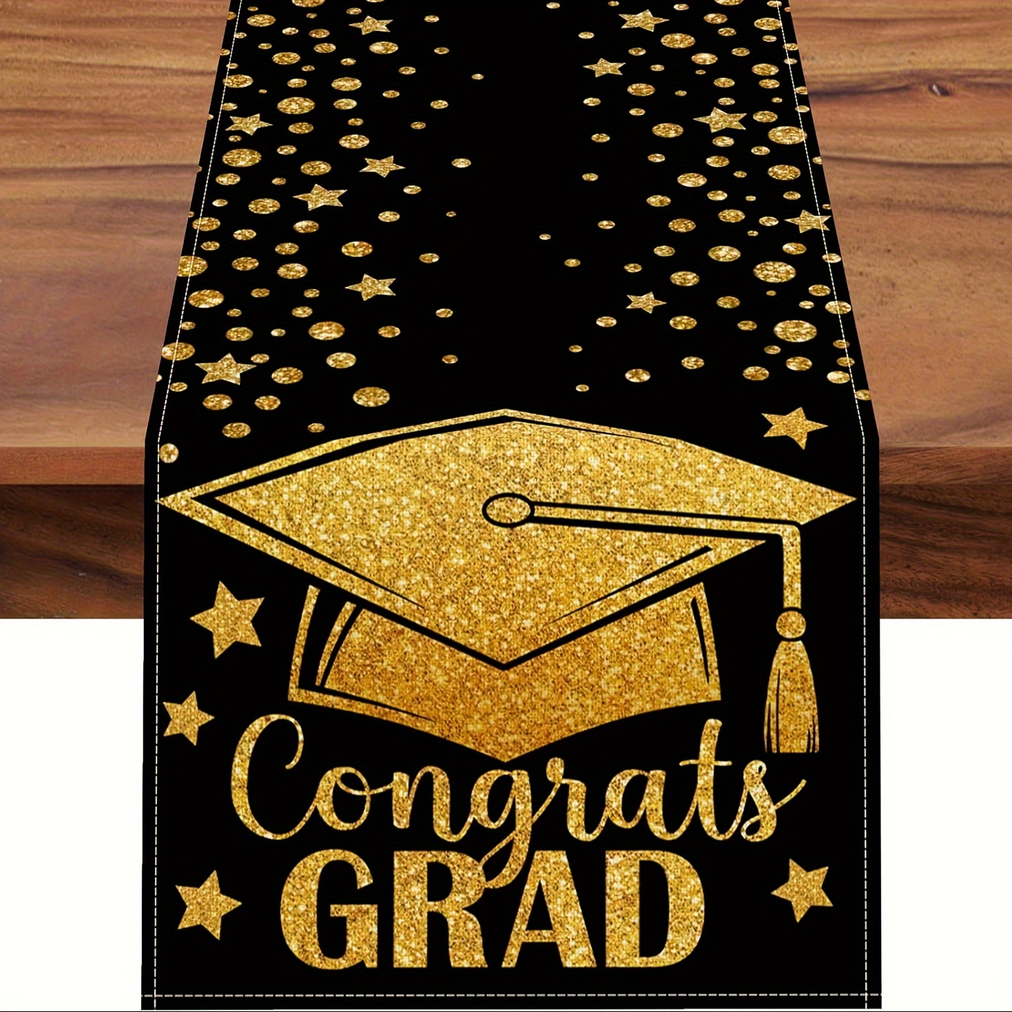 

1pc, Congrats Grad Graduation Table Runner, Class Of 2023 Diploma Cap Black Golden Stars Polka Dot Kitchen Dining Table Decor, Holiday Burlap Home Decoration Indoor Outdoor Party Supply