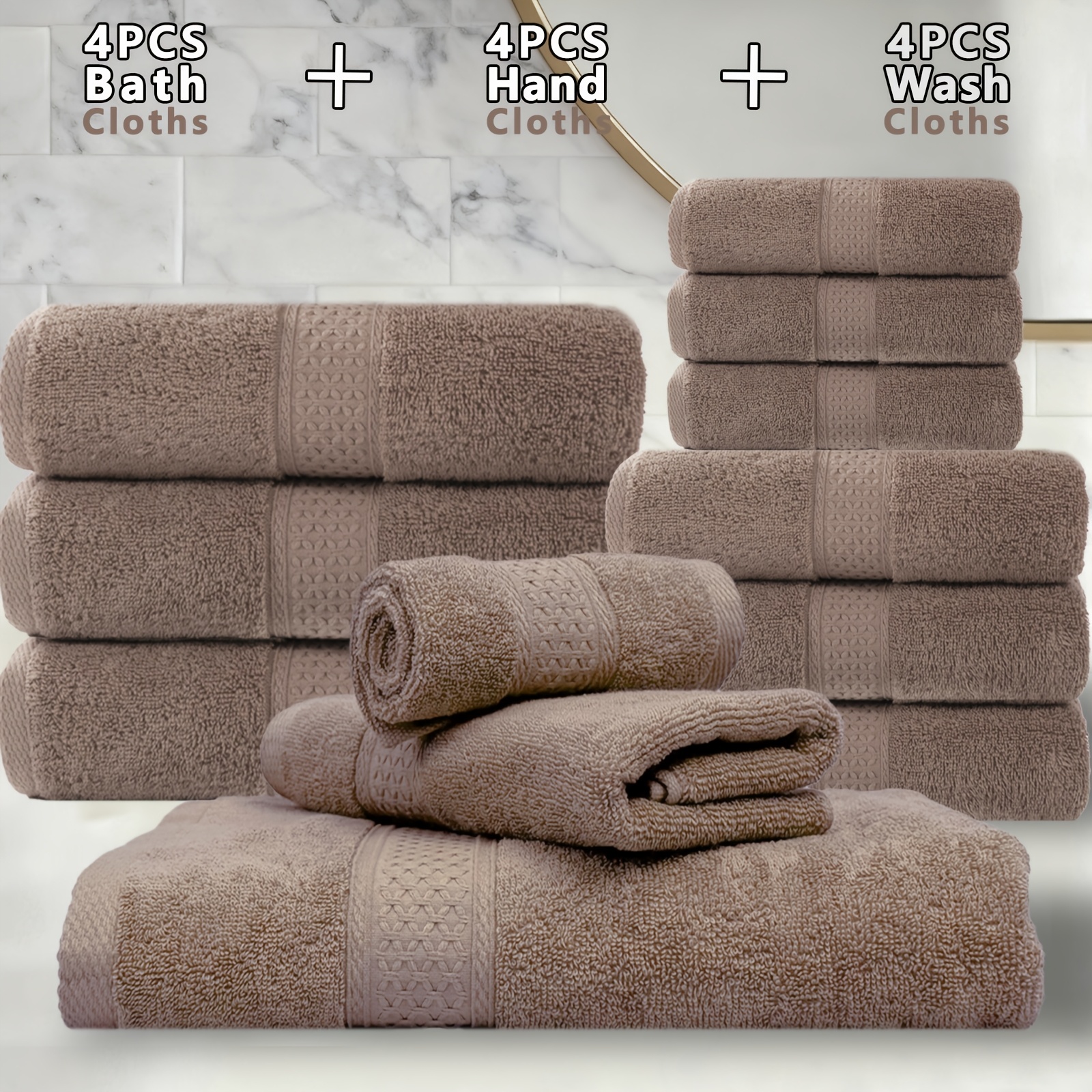 TEMU 12pcs Cotton Bath Towels Set, 4 Bath Towel 4 Hand Towel 4 Washcloths, 500 Gsm 100% Cotton Soft & Absorbent Towels For Bathroom, Cleaning Towels