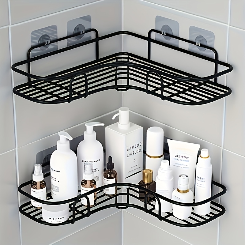 TEMU Rust-proof Rectangular Shower Shelf - A Wall-mounted Bathroom Storage Unit With Multiple Shelves For Shampoo, Conditioner, , Compact And , Black