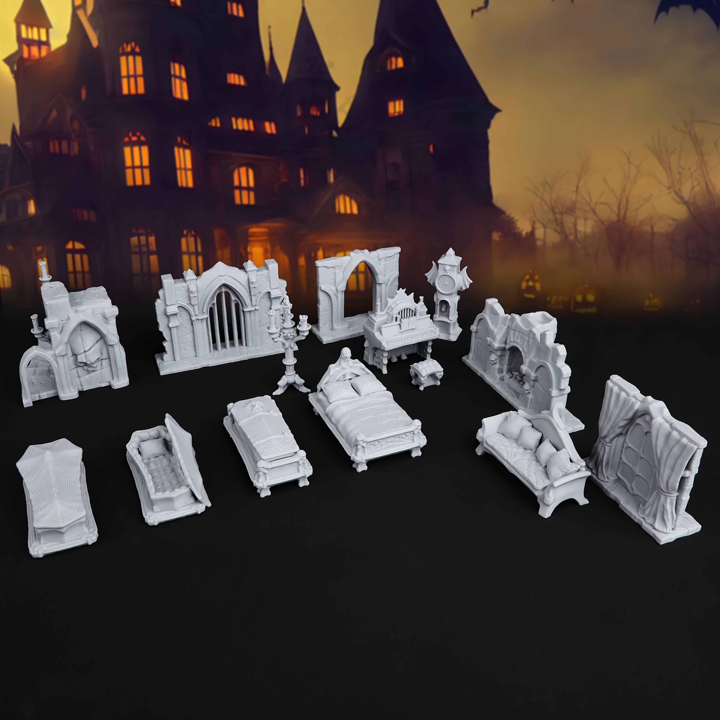 

14pcs Dnd Gothic Mansion Set - 28mm Miniature Props For Tabletop Role-playing Games - Haunted House For And Rpg Campaigns - Gray Plastic