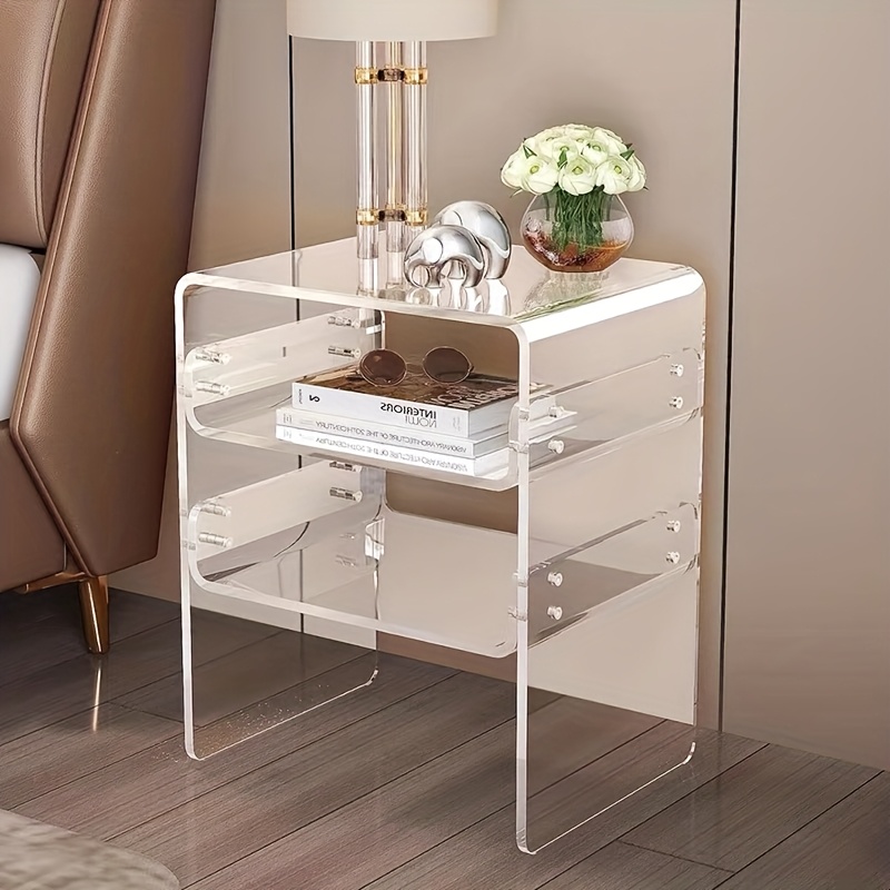 moderner 3-stöckiger transparenter acryl-beistelltisch in orange, multifunktionaler aufbewahrungstisch für schlafzimmer & wohnzimmer, minimalistische  , verwendbar als nachttisch / sofa-beistelltisch / couchtisch, langlebiges design