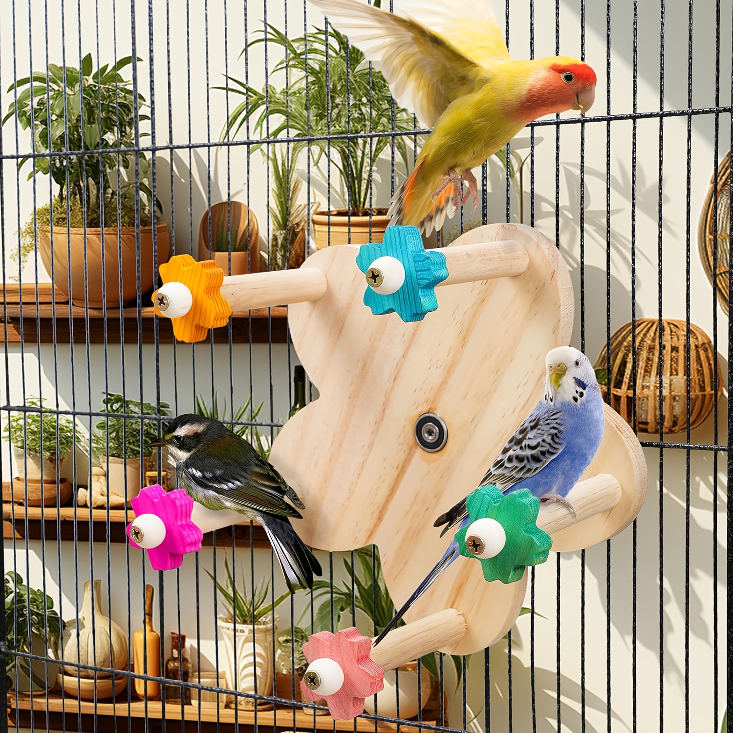 

1pc Wooden Parrot Bird Toy With Rotating Wheel And Bearing, Durable Play Stand Perch For Cage Entertainment