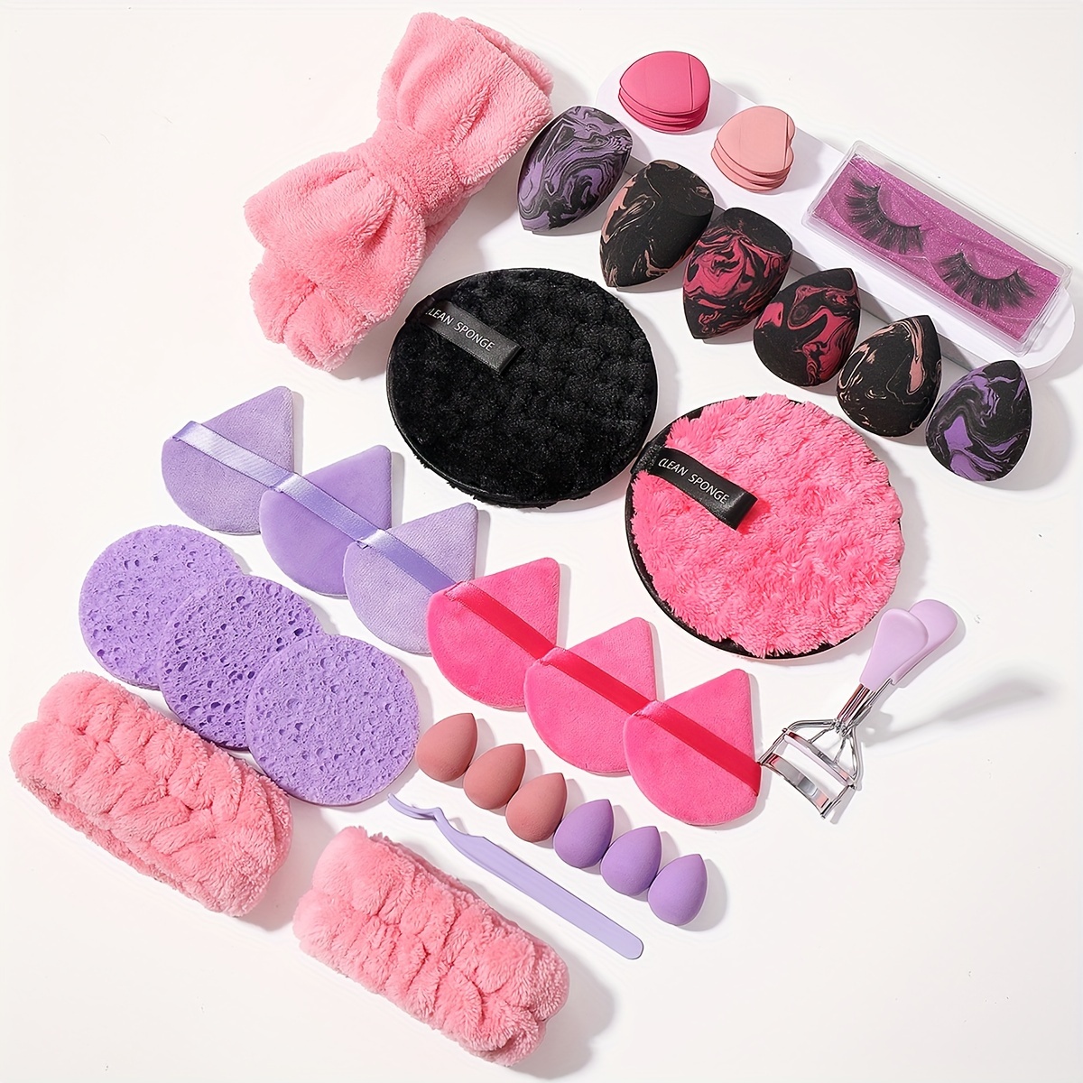 

35pcs All-in-one Makeup Set: Accessories For Application & Removal. Face Wash Headband And Wristband, Powder Puffs, Sponges And Beauty Blenders, Eyelash Curler, False Eyelash, Cleaning Tools