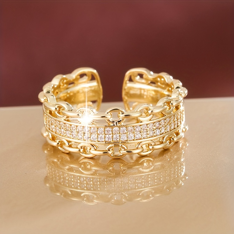 Adjustable Double Chain Open Ring with Zirconia Stones