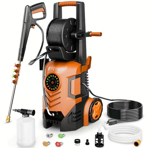 item picture 2025 electric pressure washer ipx5 5000 psi 3 3 gpm 8 power settings for car patio and floor cleaning 4 nozzles 23ft hose 16ft power cord and detergent tank without battery