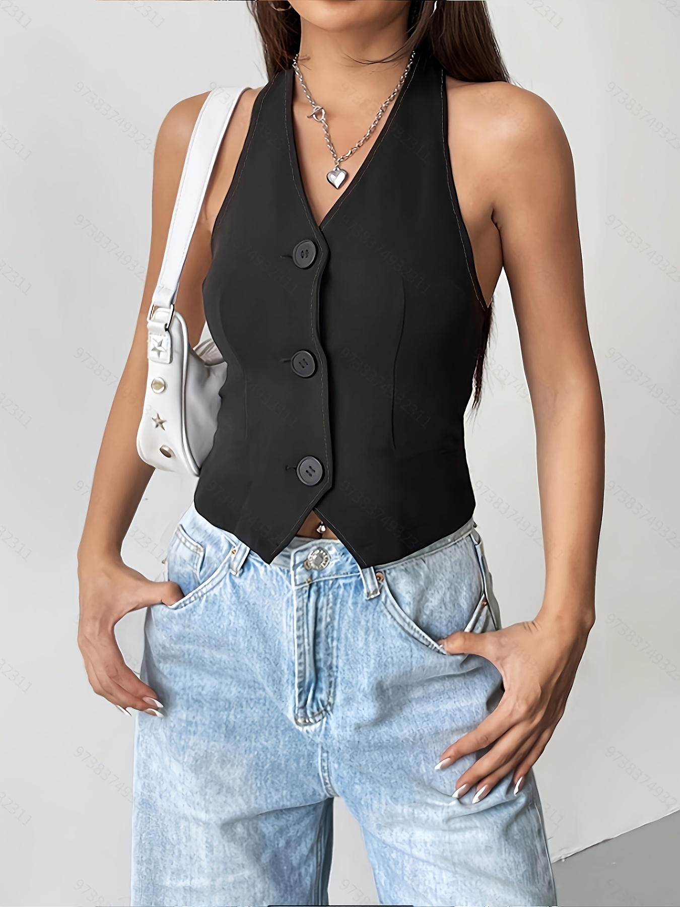 Button Front Halter Tank Top, Casual Solid V Neck Vest For Summer, Women's  Clothing