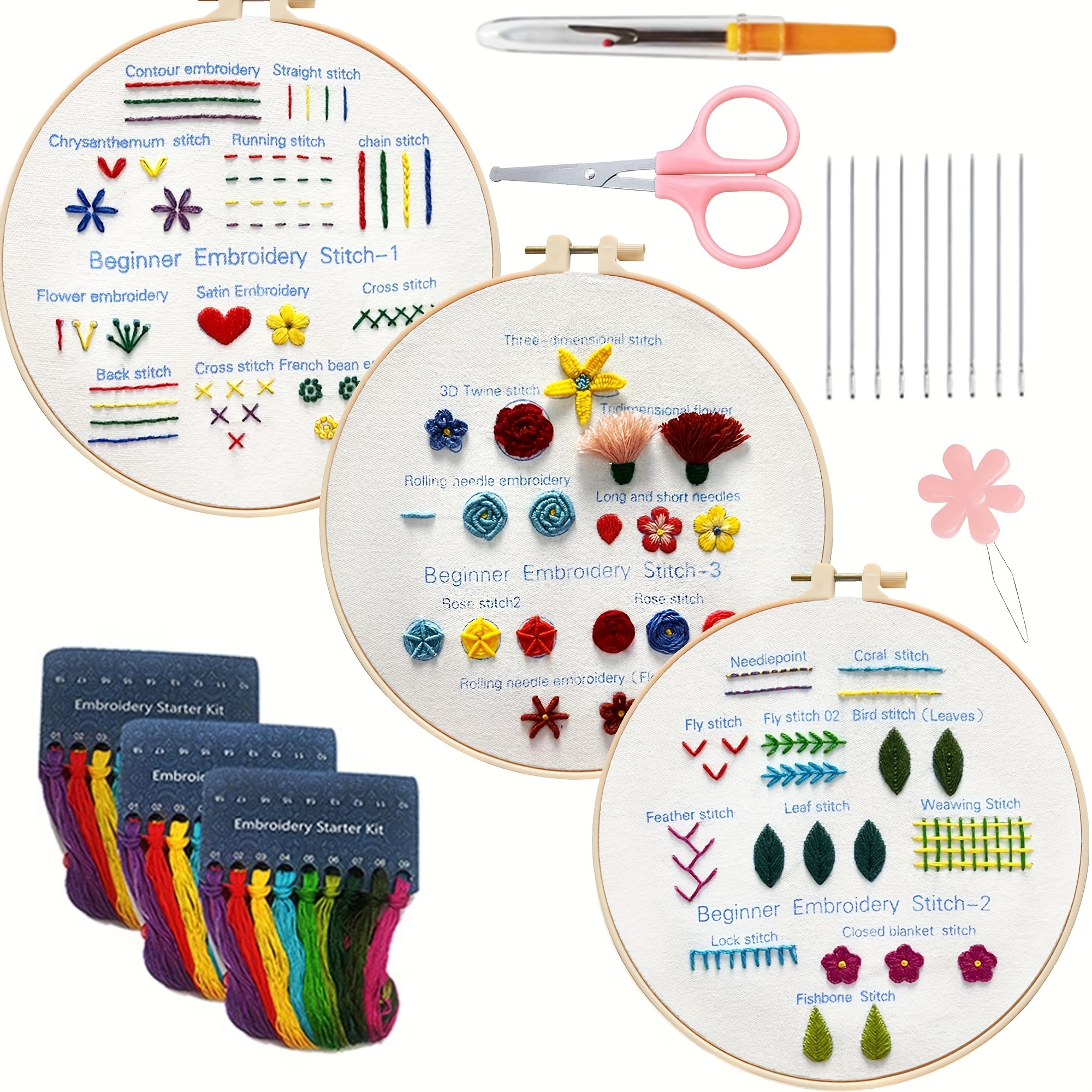 

Embroidery Kit, Sewing Kits For Adult, Stitch Kits For Beginners &3 Sets Hand Embroidery Kit With 1 Hoop Learn Different Stitches.(plant)