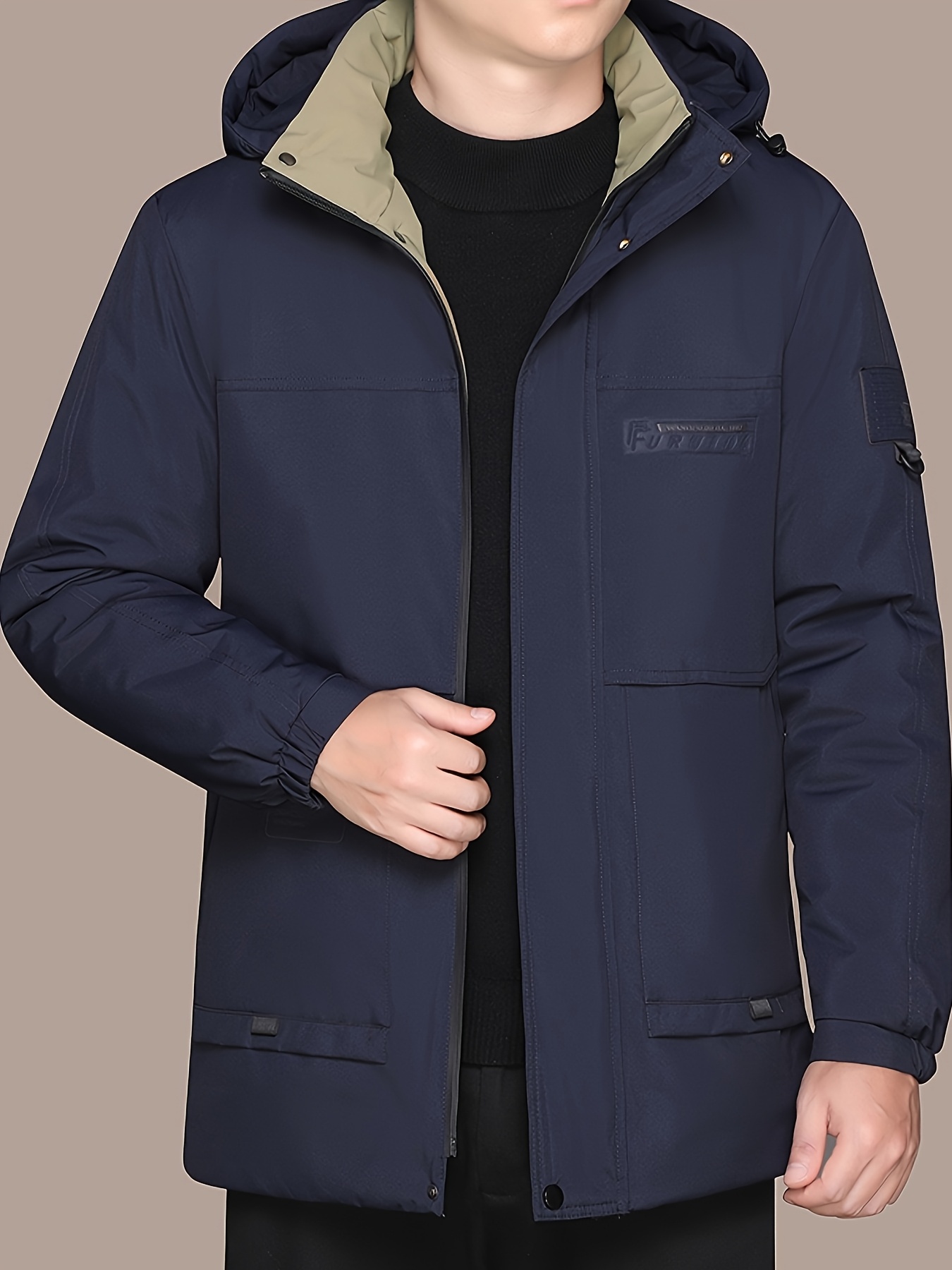 Men's Plus Size Mid-Length Padded Warm Jacket, Loose Fit