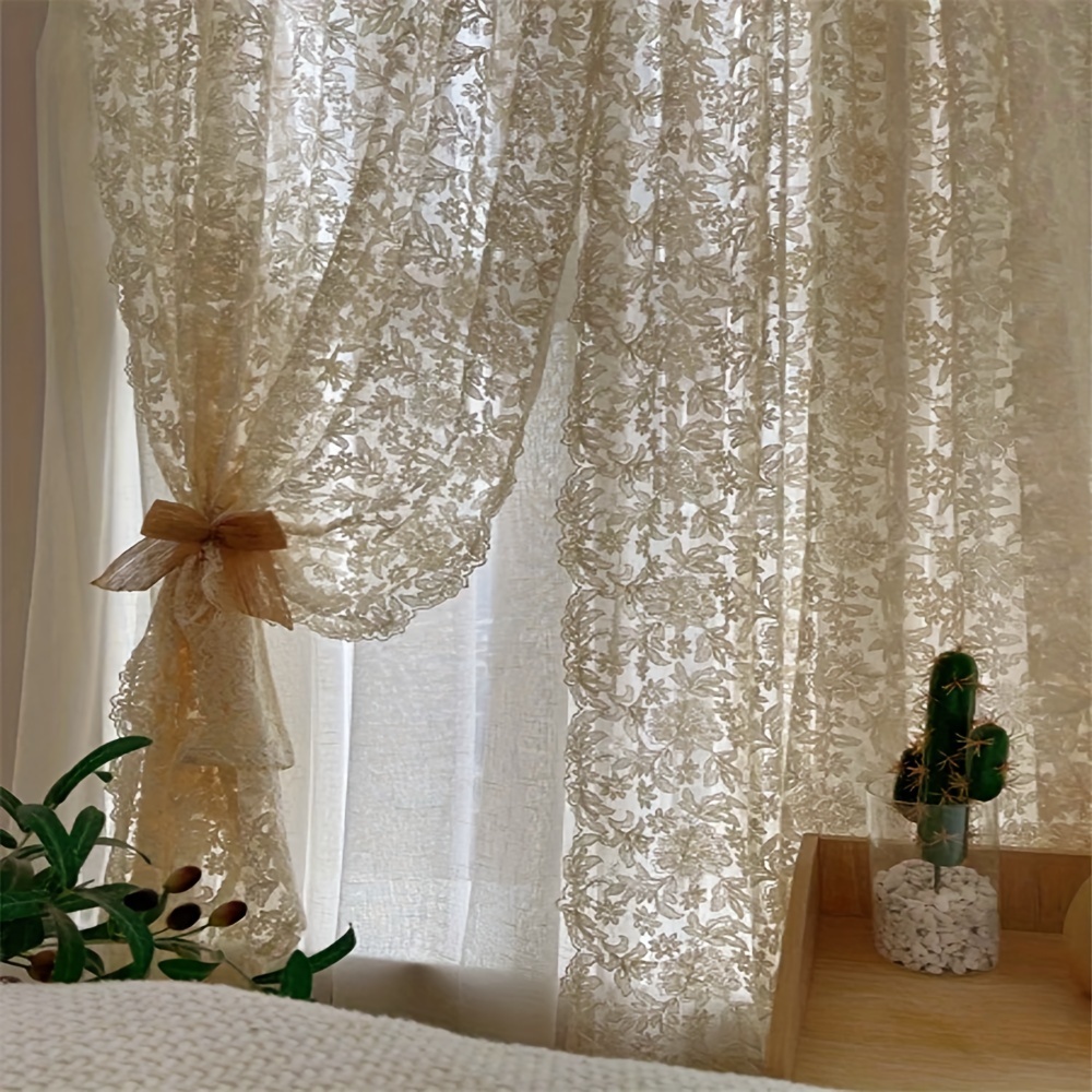 Image of 2pcs Set 3d Flower Lace Curtains For Bedroom Kitchen Lace Embroidered Curtains Rod Pocket Top Sheer Curtains